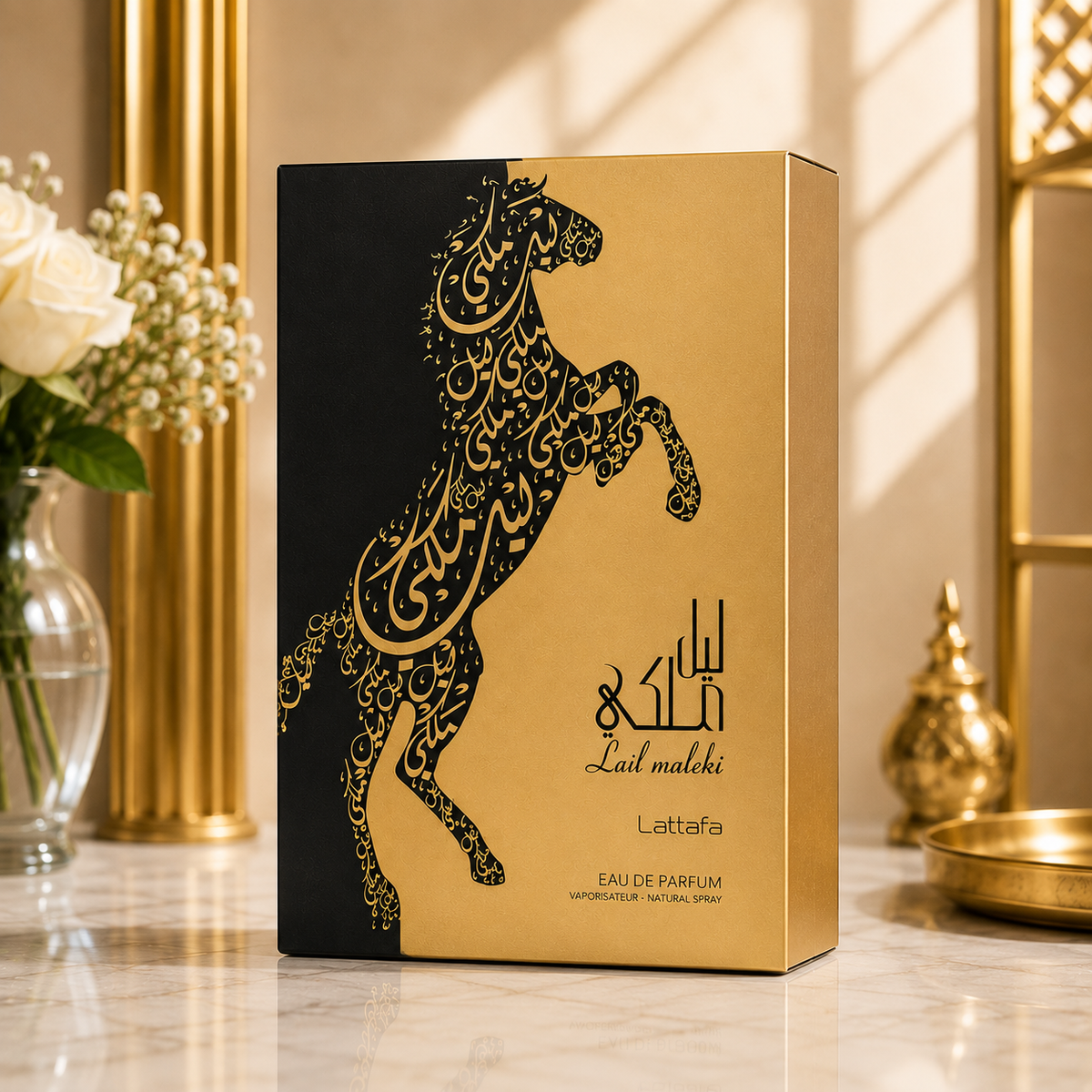Boîte du parfum Lattafa Lail Maleki Noir Eau de Parfum 100ml présentée sur un fond premium en marbre avec décoration dorée.