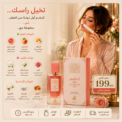 Infographie du parfum Lattafa Ana Abiyedh Coral présentant les notes olfactives, le flacon, la boîte et les informations sur le produit.