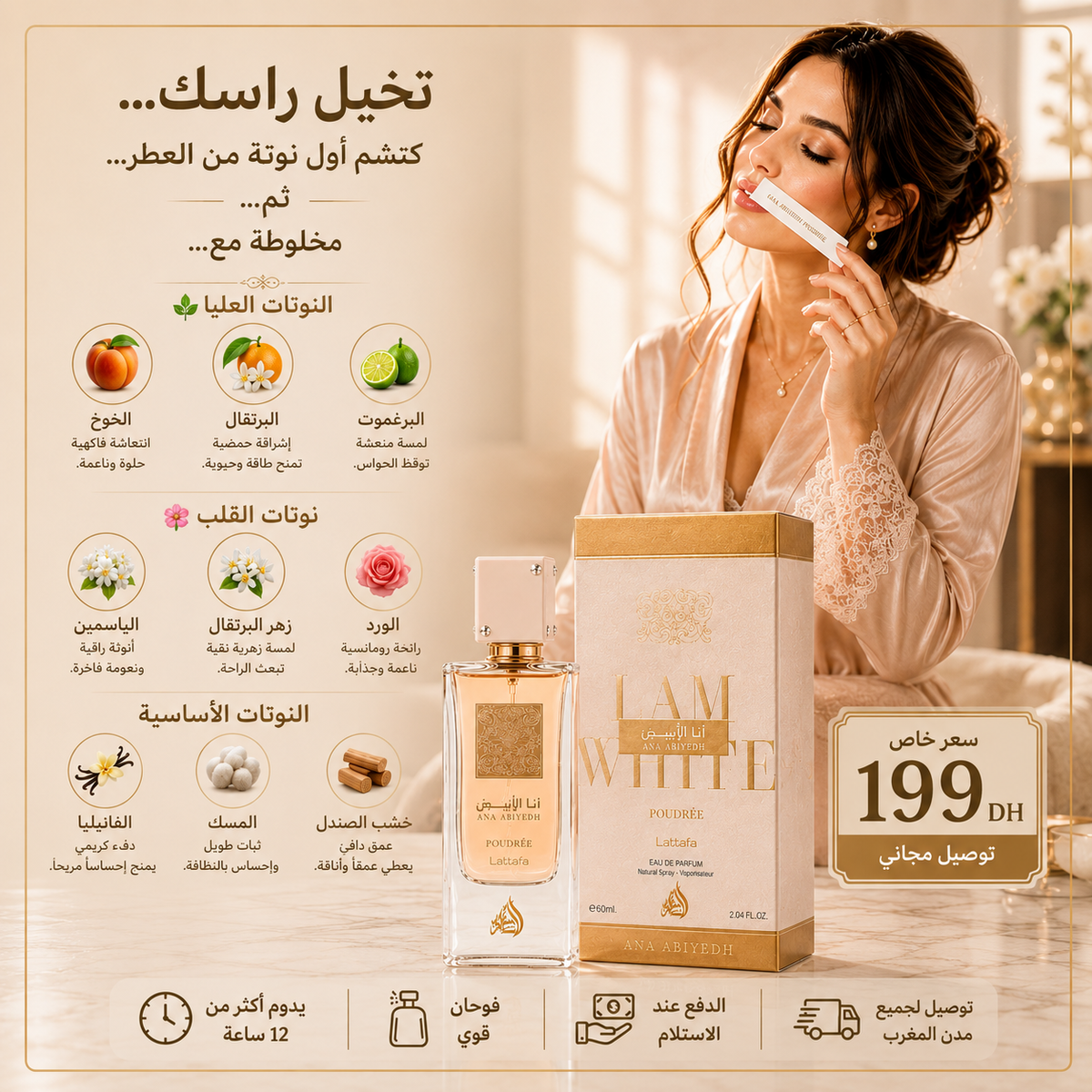 Infographie du parfum Lattafa Ana Abiyedh Poudrée présentant les notes olfactives, le flacon, la boîte et les informations sur le produit.