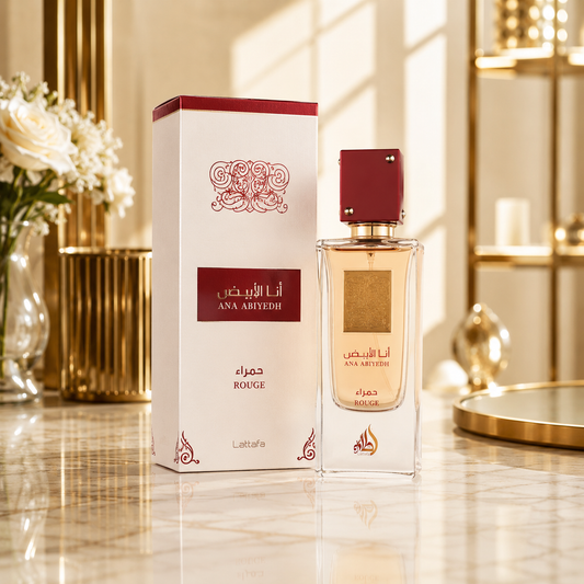 Parfum Lattafa Ana Abiyedh Rouge avec son flacon et sa boîte dans un décor luxueux sur une surface en marbre.