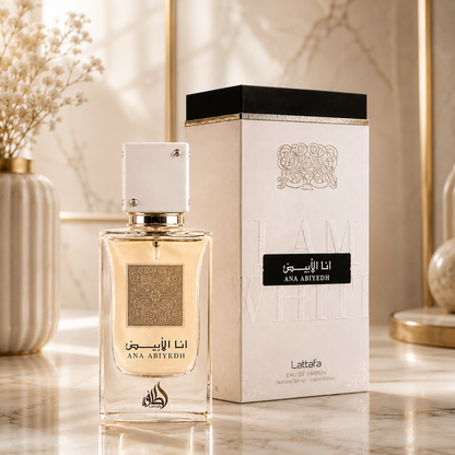 Parfum Lattafa Ana Abiyedh White avec son flacon et sa boîte sur un fond en marbre dans un décor luxueux.