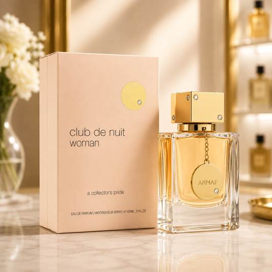 Flacon et boîte du parfum Armaf Club de Nuit Woman Eau de Parfum 105ml présentés sur un fond premium en marbre avec décoration dorée