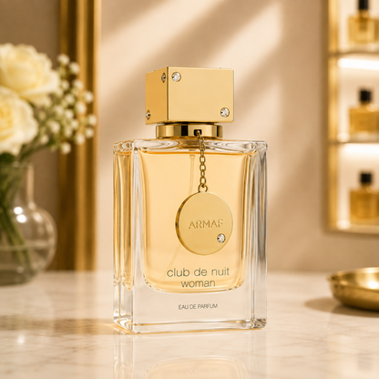 Flacon du parfum Armaf Club de Nuit Woman Eau de Parfum 105ml présenté sur un fond premium en marbre avec décoration dorée.