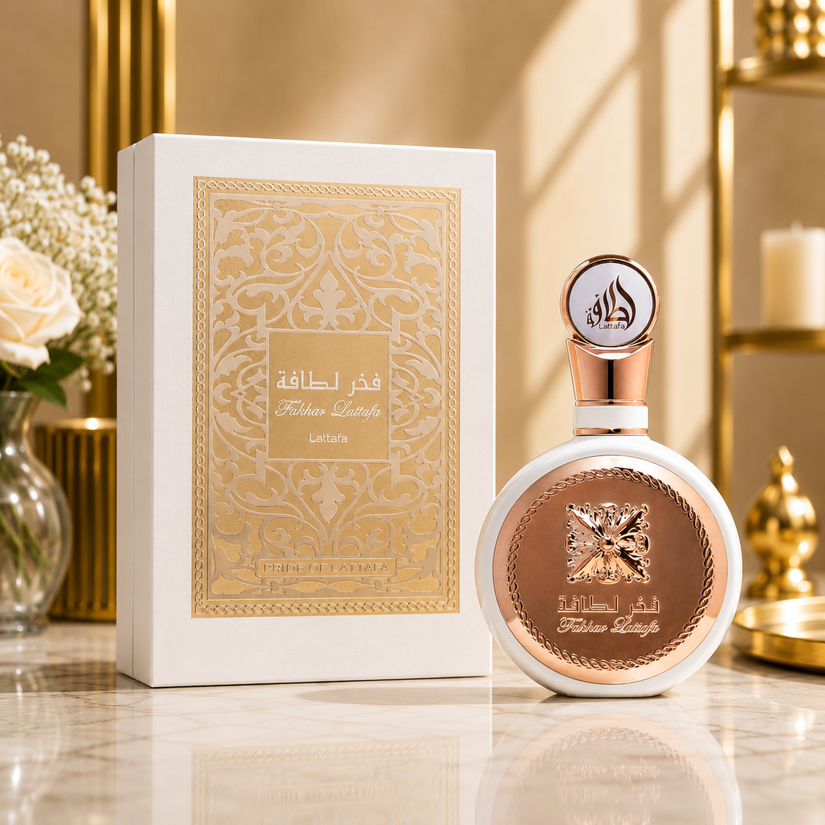 Parfum Lattafa Fakhar Women avec son flacon et sa boîte dans un décor luxueux sur une surface en marbre.