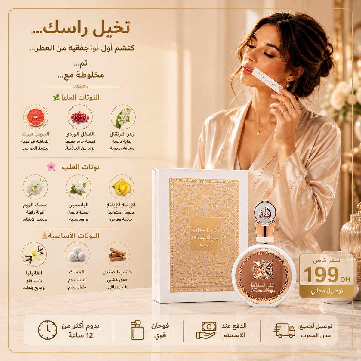 Infographie du parfum Lattafa Fakhar Women présentant les notes olfactives, le flacon, la boîte et les informations sur le produit.