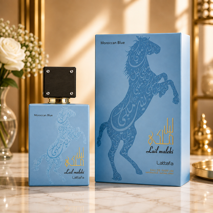 Parfum Lattafa Lail Maleki Moroccan Blue avec son flacon et sa boîte dans un décor luxueux sur une surface en marbre.