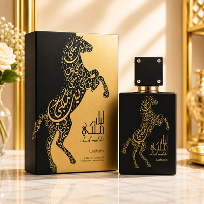 Flacon et boîte du parfum Lattafa Lail Maleki Noir Eau de Parfum 100ml présentés sur un fond premium en marbre avec décoration dorée.