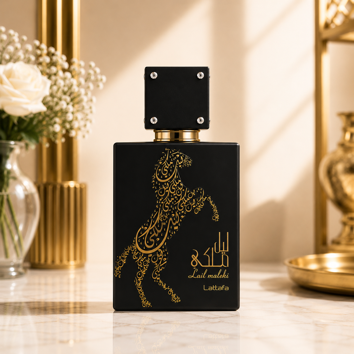 Flacon du parfum Lattafa Lail Maleki Noir Eau de Parfum 100ml présenté sur un fond premium en marbre avec décoration dorée.