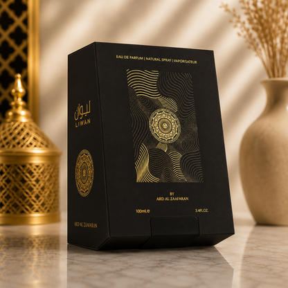 Boîte Liwan Eau de Parfum 100ml noir et or, coffret de présentation premium, photographie produit sur fond marbre pour Doraluxe Maroc.