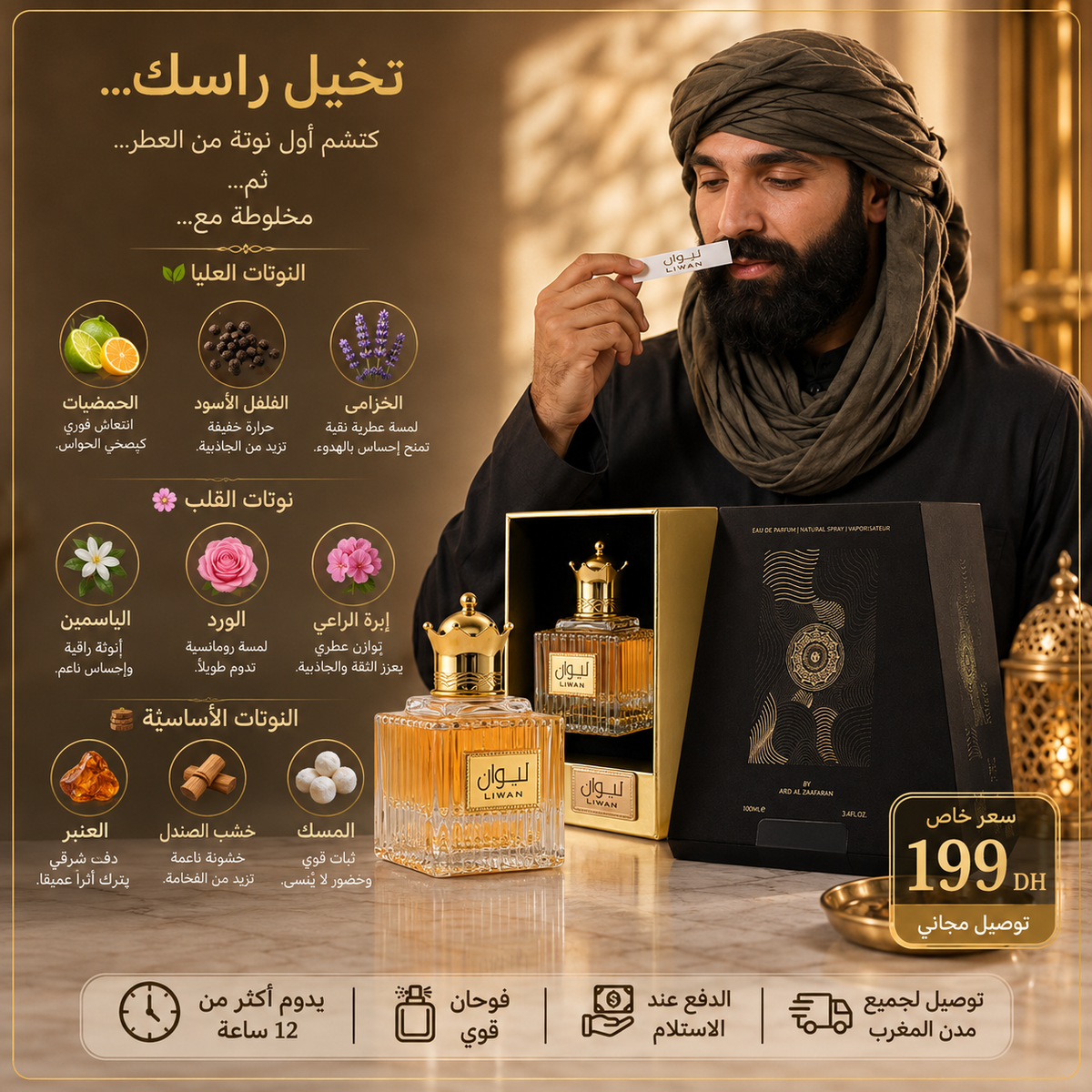 Creative publicitaire Liwan Eau de Parfum 100ml avec pyramide olfactive, flacon, coffret, prix promotionnel et livraison au Maroc – Doraluxe.