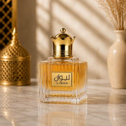 Liwan Eau de Parfum 100ml, flacon de parfum premium avec bouchon couronne doré, photographie produit sur fond marbre pour Doraluxe Maroc.
