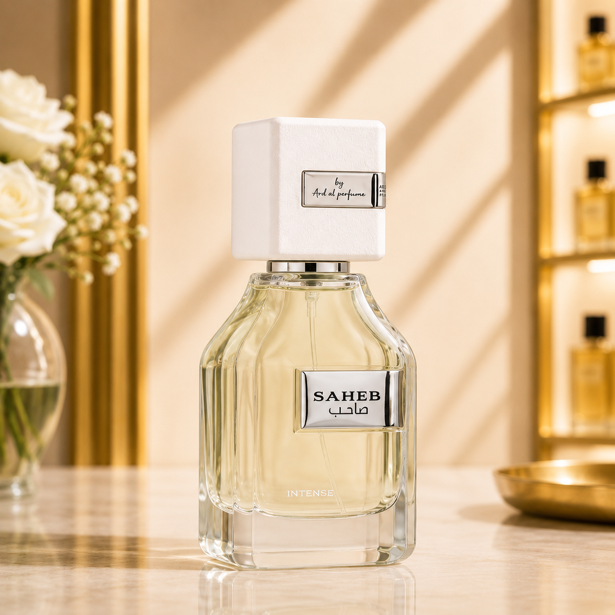 Flacon du parfum Saheb Intense Eau de Parfum présenté sur un fond premium en marbre avec décoration dorée.