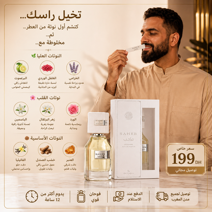 Infographie des notes olfactives du parfum Saheb Intense Eau de Parfum avec pyramide olfactive, flacon, boîte et mise en scène lifestyle.