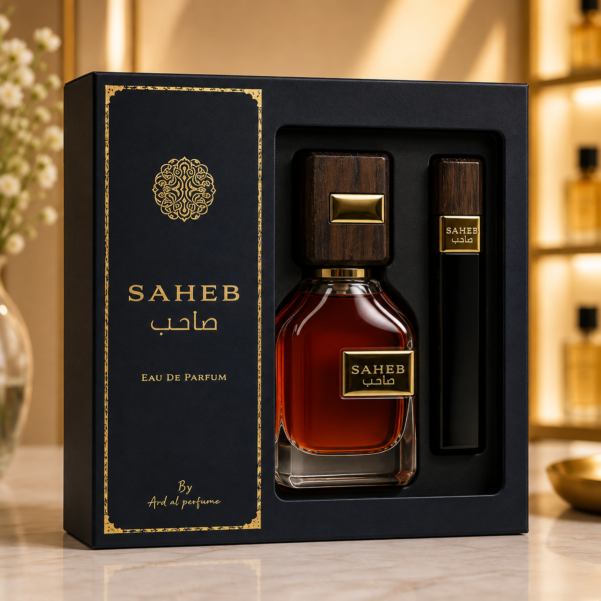 Coffret du parfum Saheb Noir Eau de Parfum avec flacon, boîte et vaporisateur de voyage présenté sur un fond premium en marbre avec décoration dorée.