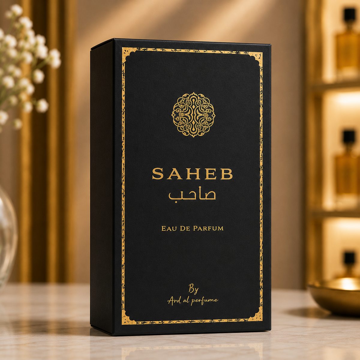 Boîte du parfum Saheb Noir Eau de Parfum présentée sur un fond premium en marbre avec décoration dorée.