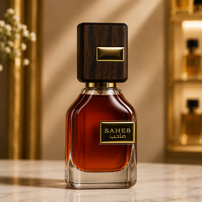 Flacon du parfum Saheb Noir Eau de Parfum présenté sur un fond premium en marbre avec décoration dorée.