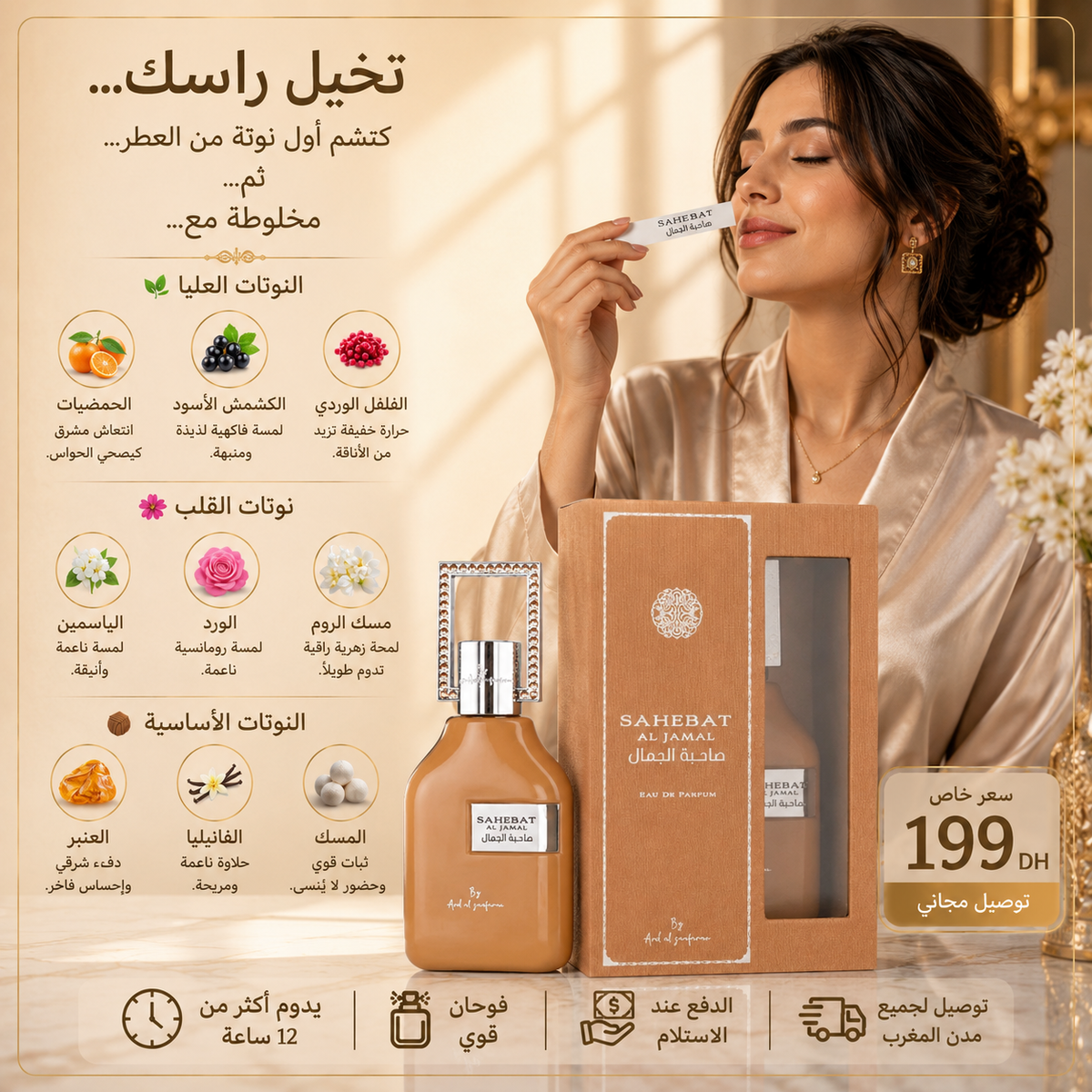 Notes olfactives du parfum SAHEBAT Al Jamal Eau de Parfum avec pyramide olfactive et flacon