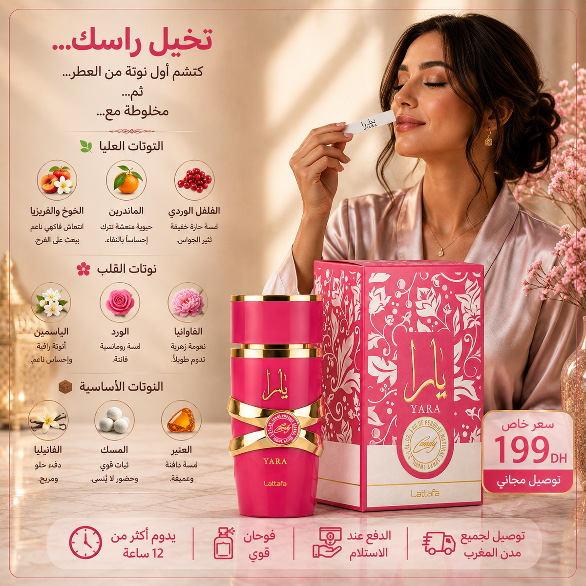 Infographie des notes olfactives de Yara Candy Eau de Parfum 100ml avec flacon, boîte et pyramide olfactive sur fond premium Doraluxe Maroc.
